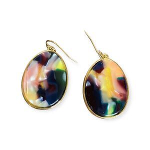 Multicolor Abstract Resin Teardrop Dangle Earrings Gold Tone Textured Backing